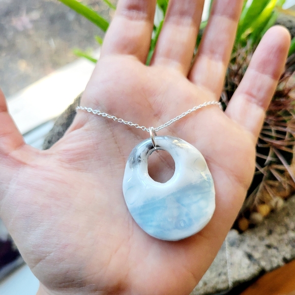 Vintage Blue Ceramic Geometric Modern Round Pendant Necklace - Picture 3 of 8